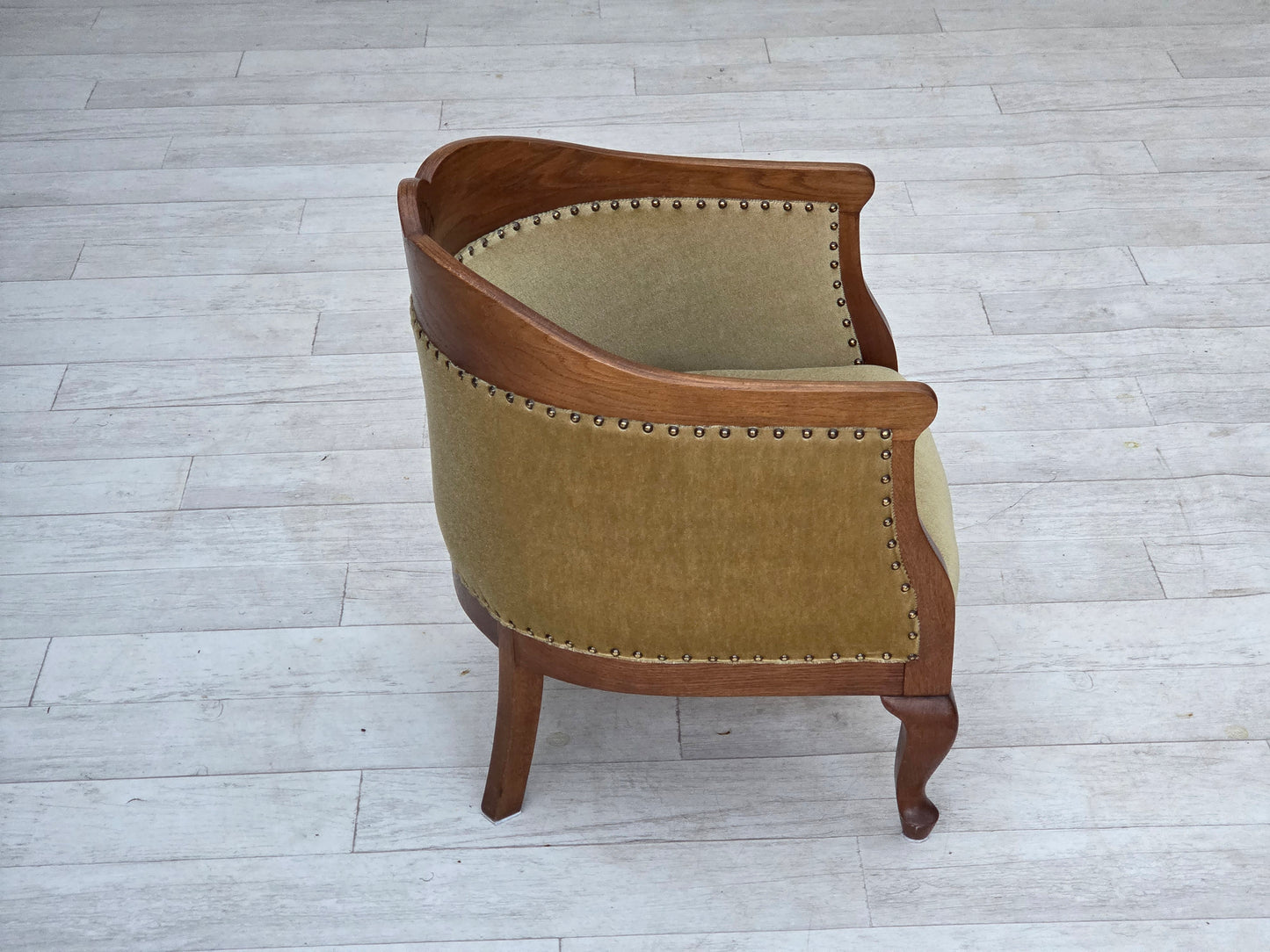 1960s, Danish side/children's armchair, light green furniture velour, oak wood.