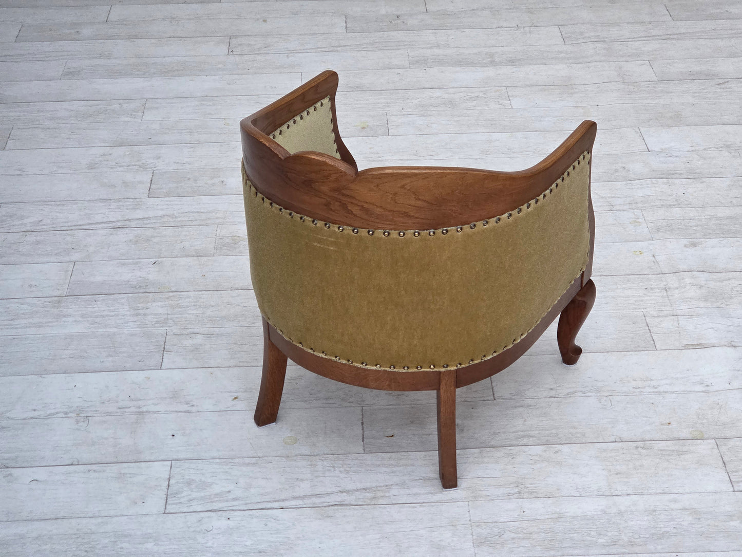 1960s, Danish side/children's armchair, light green furniture velour, oak wood.