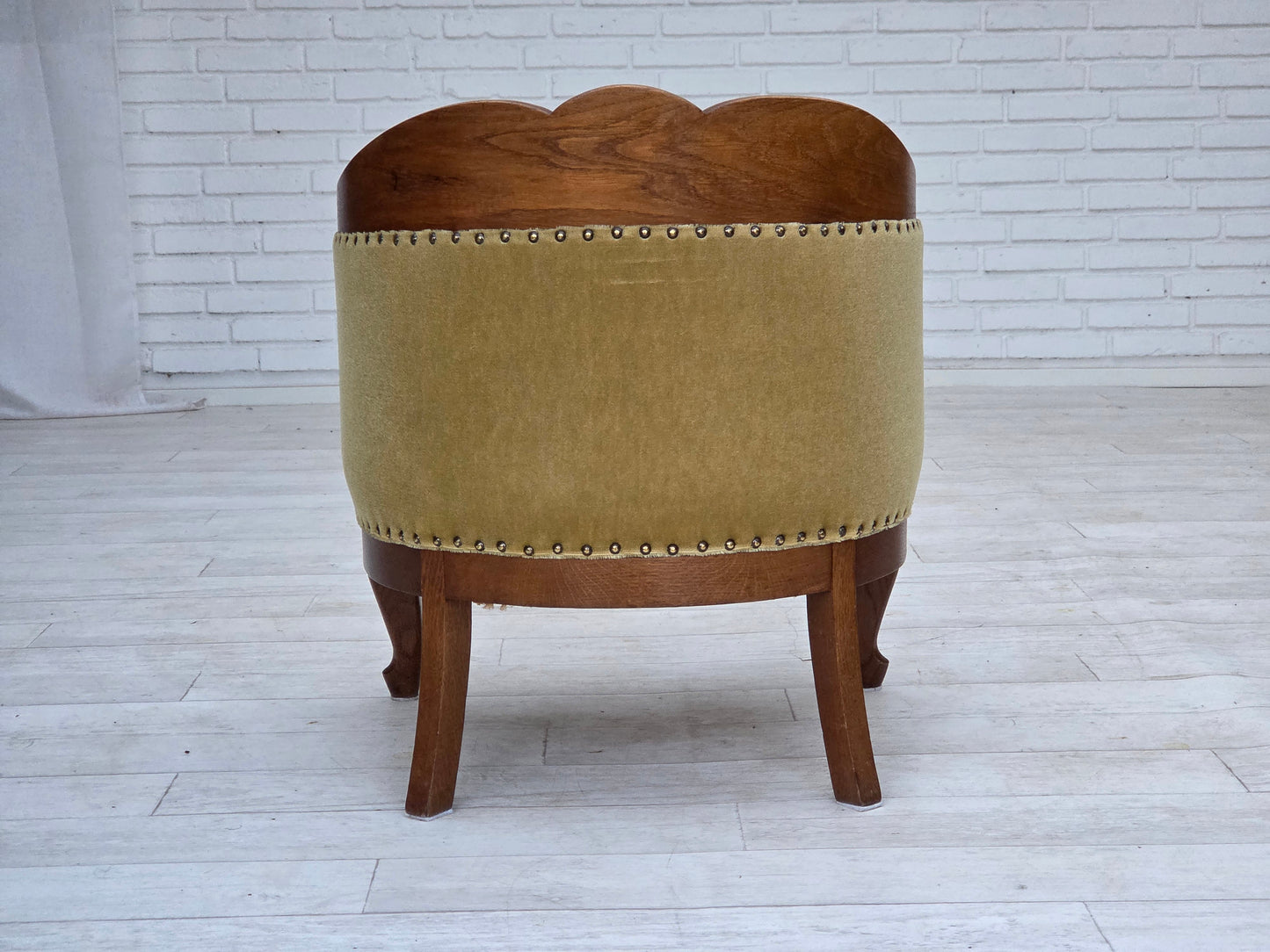 1960s, Danish side/children's armchair, light green furniture velour, oak wood.