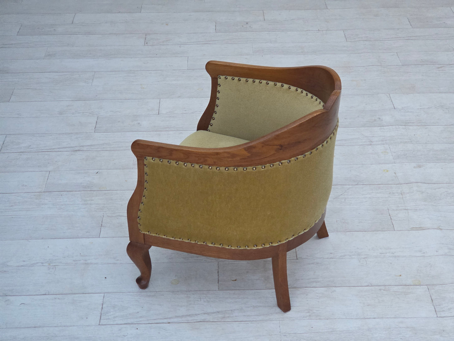 1960s, Danish side/children's armchair, light green furniture velour, oak wood.