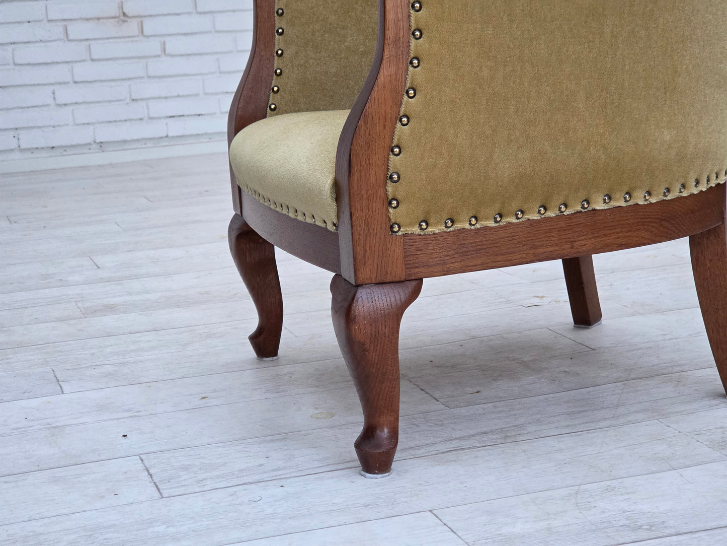 1960s, Danish side/children's armchair, light green furniture velour, oak wood.