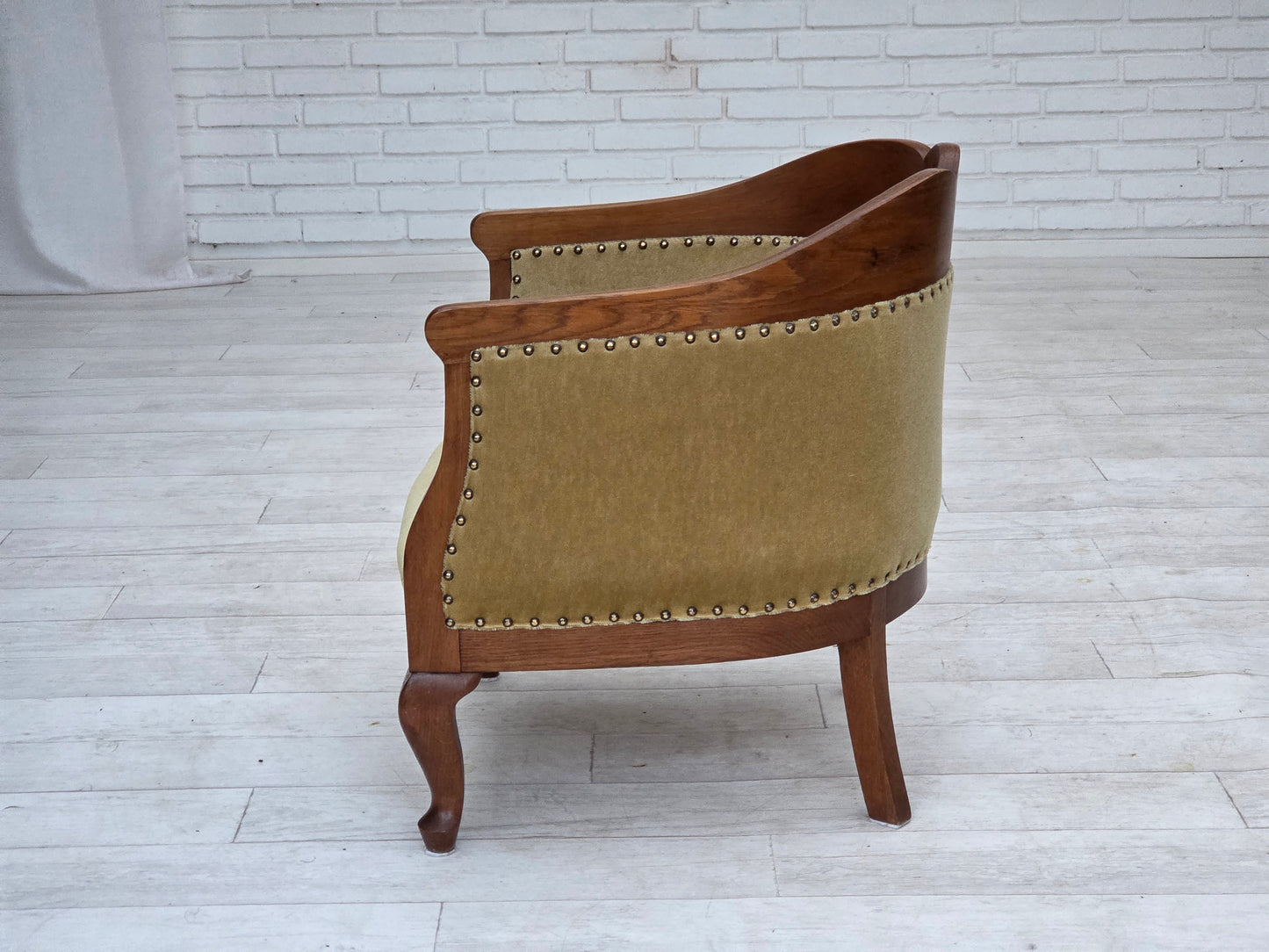 1960s, Danish side/children's armchair, light green furniture velour, oak wood.