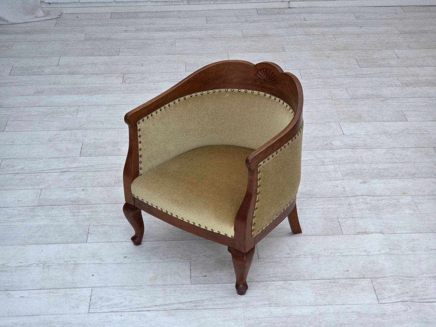 1960s, Danish side/children's armchair, light green furniture velour, oak wood.