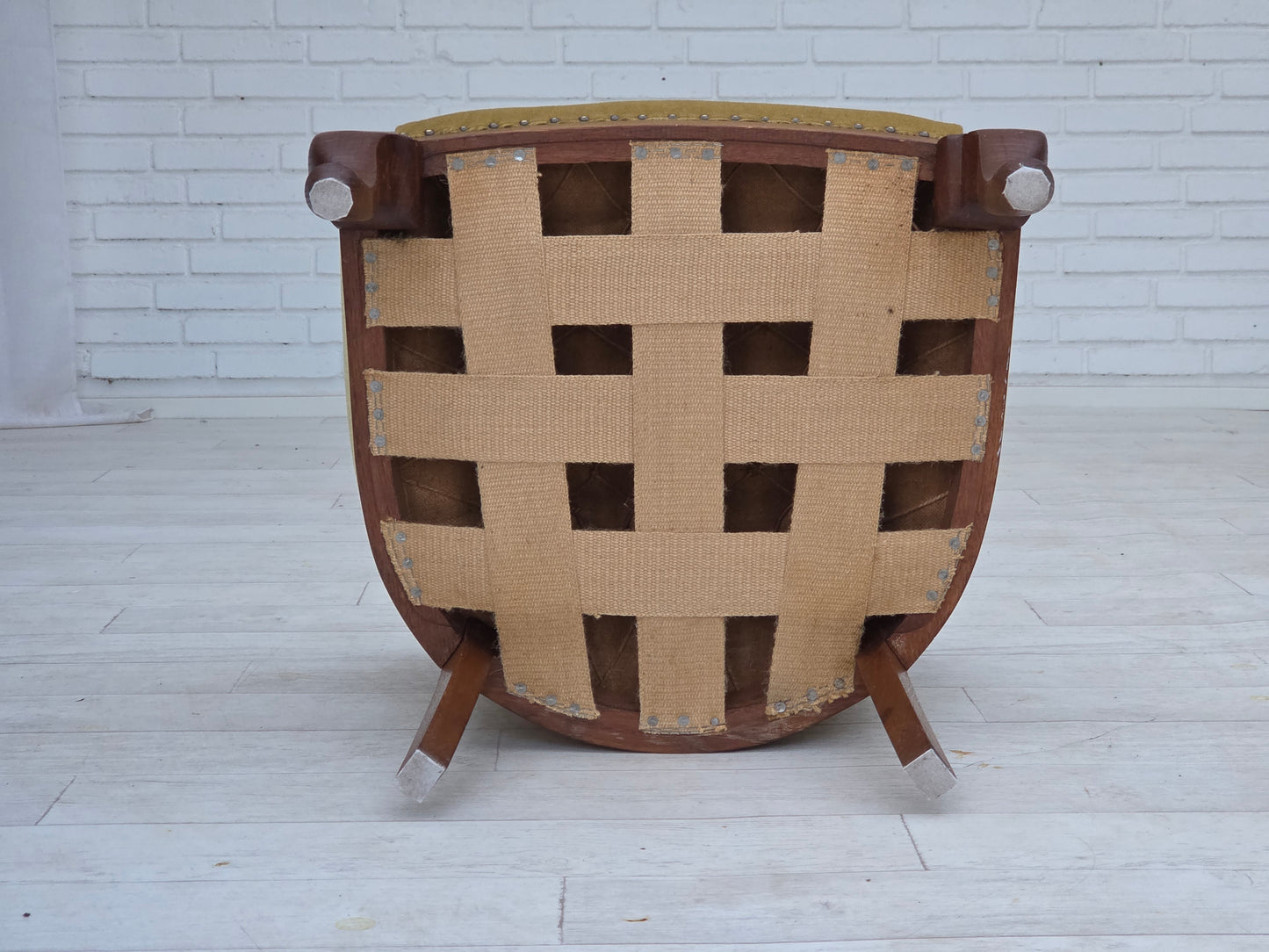 1960s, Danish side/children's armchair, light green furniture velour, oak wood.