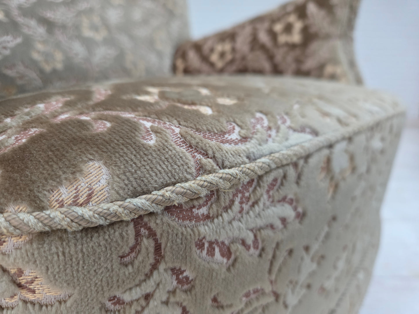 1960s, Danish armchair, light green furniture velour, teak wood legs.