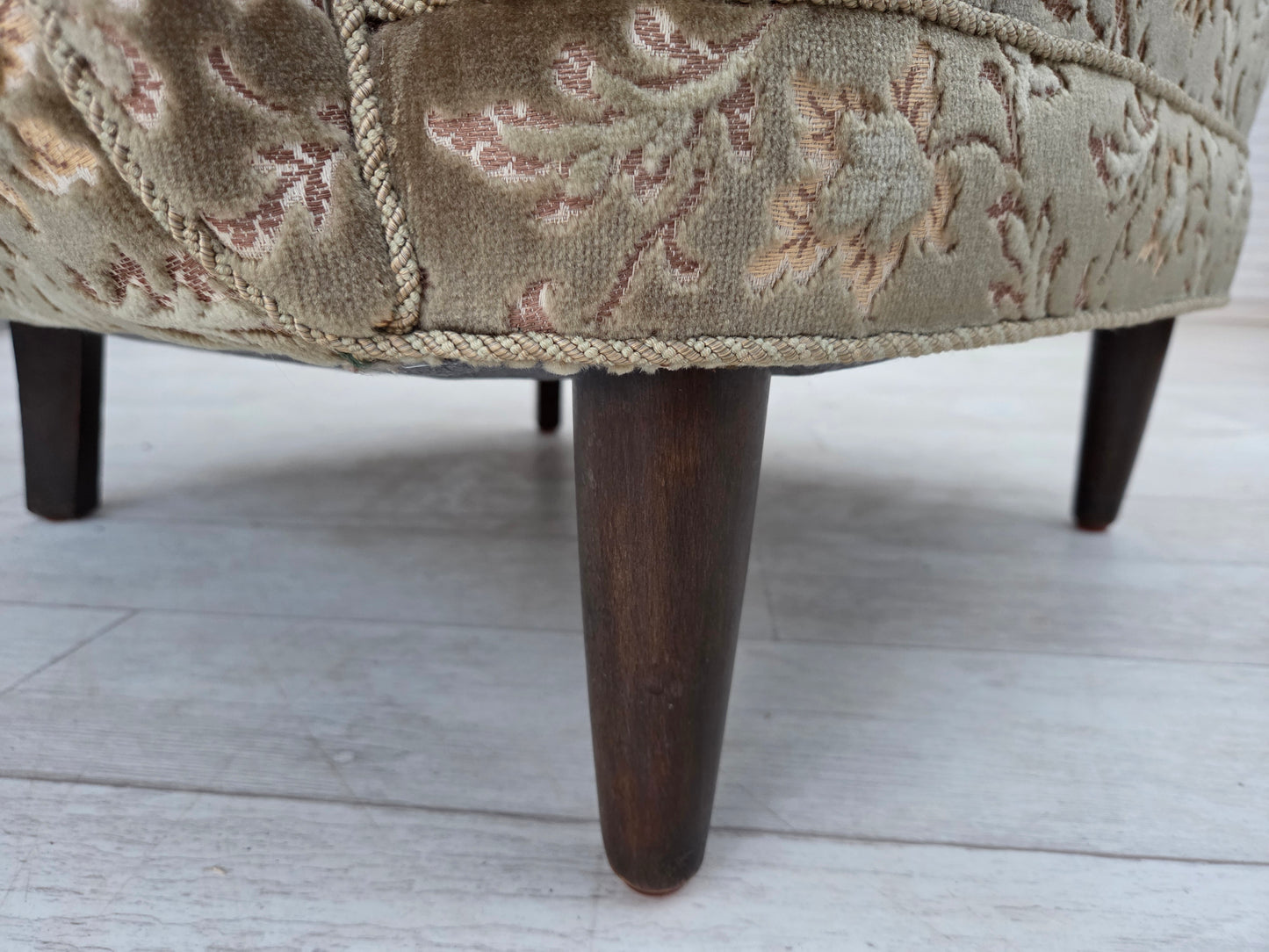 1960s, Danish armchair, light green furniture velour, teak wood legs.