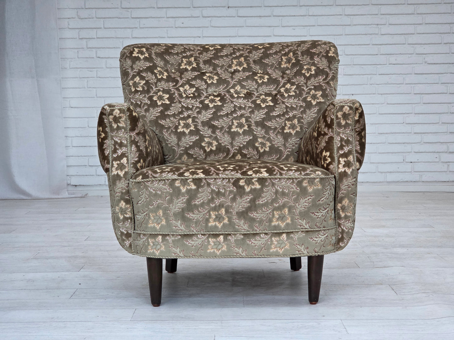 1960s, Danish armchair, light green furniture velour, teak wood legs.