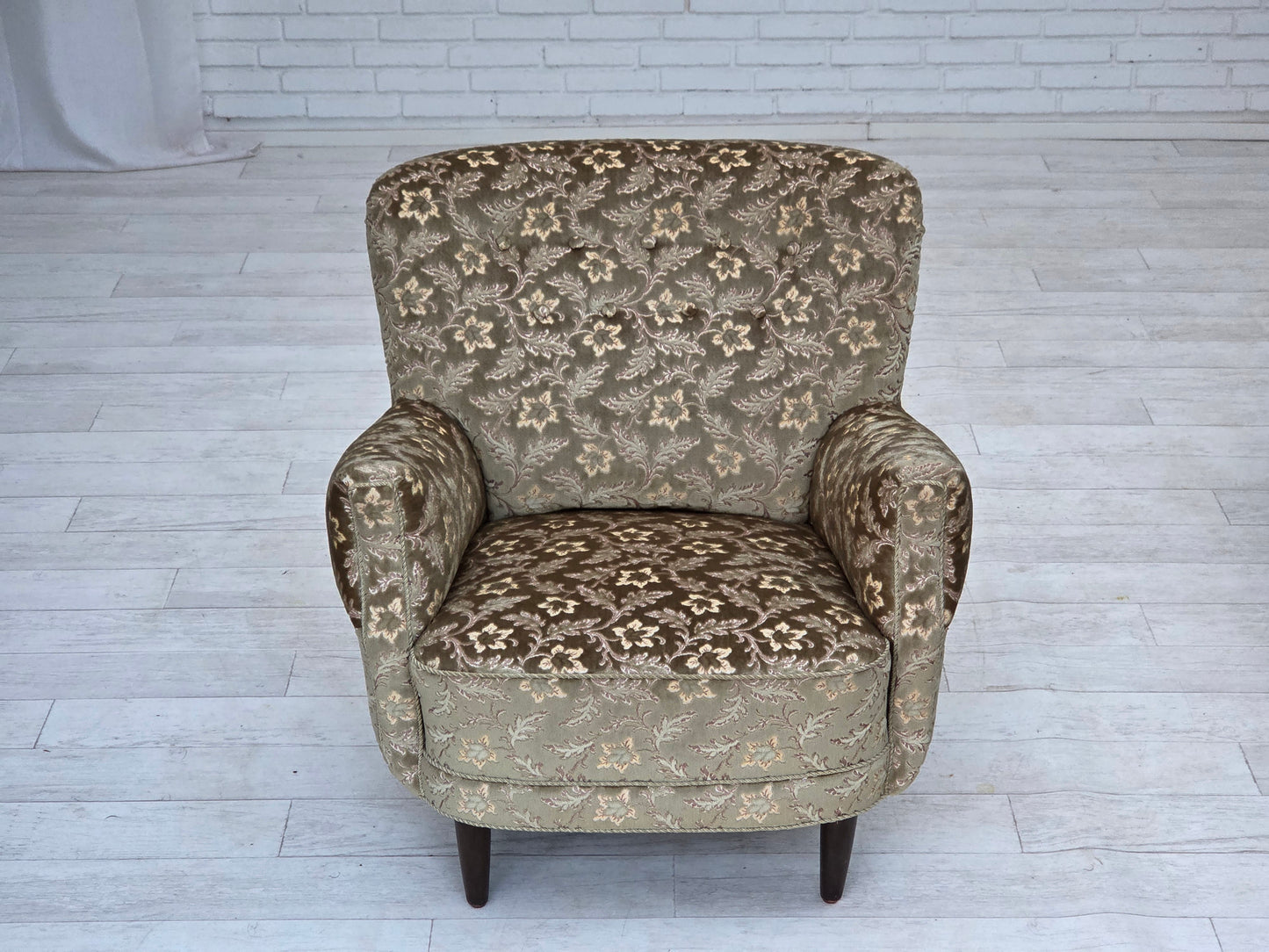 1960s, Danish armchair, light green furniture velour, teak wood legs.