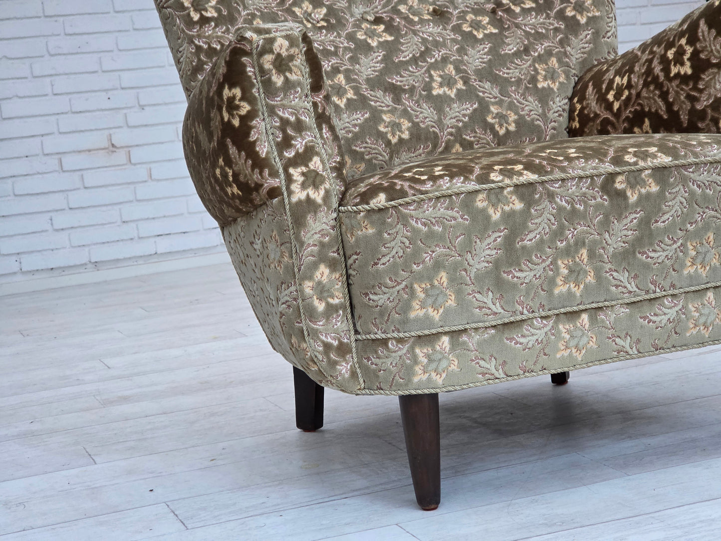 1960s, Danish armchair, light green furniture velour, teak wood legs.