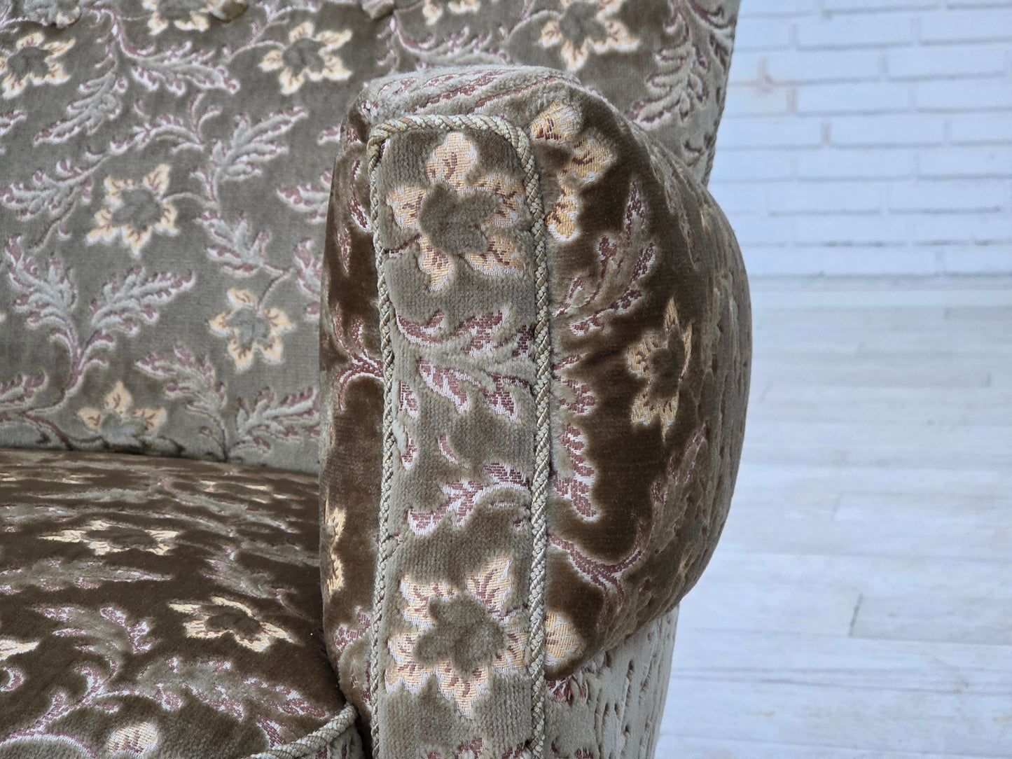 1960s, Danish armchair, light green furniture velour, teak wood legs.