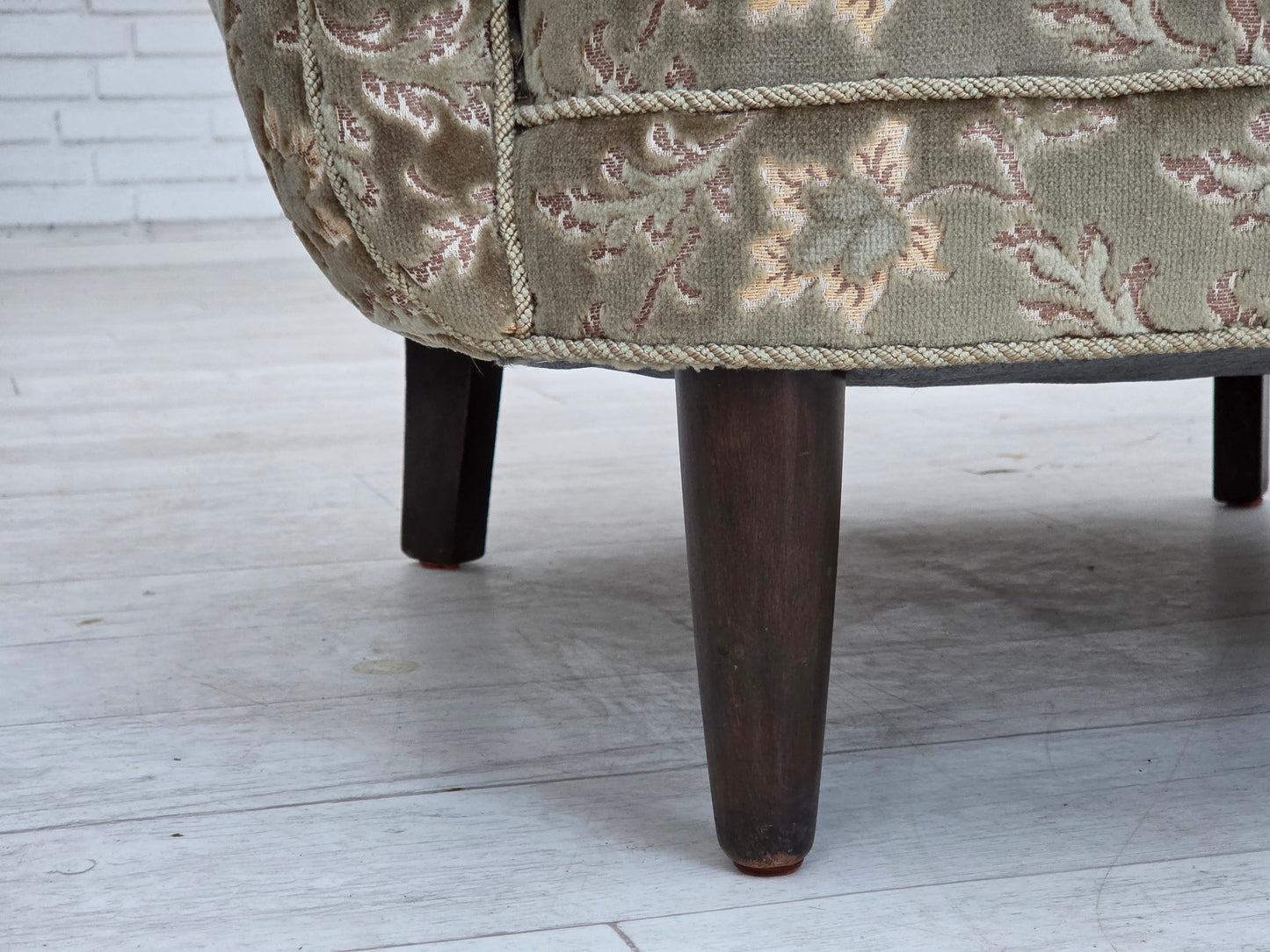 1960s, Danish armchair, light green furniture velour, teak wood legs.