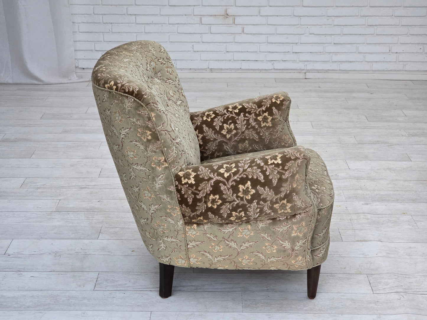 1960s, Danish armchair, light green furniture velour, teak wood legs.