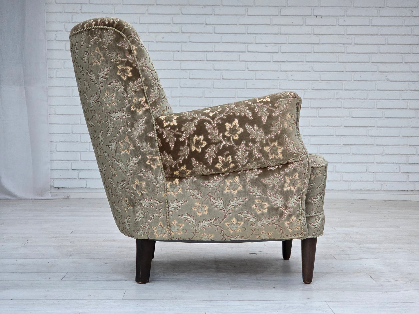 1960s, Danish armchair, light green furniture velour, teak wood legs.