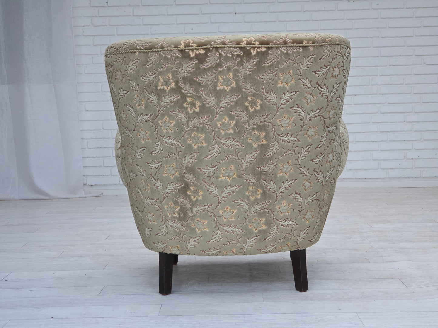 1960s, Danish armchair, light green furniture velour, teak wood legs.