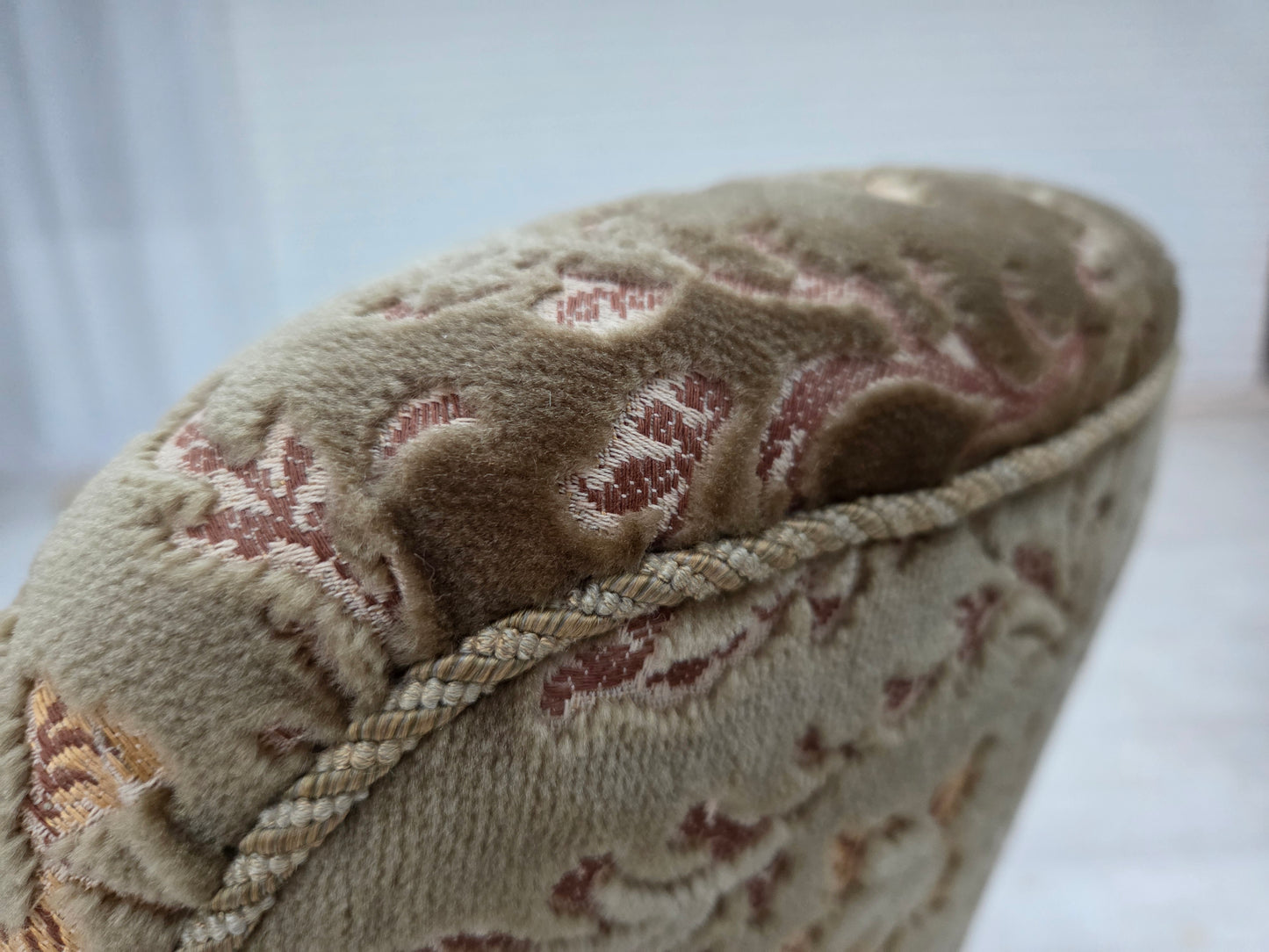 1960s, Danish armchair, light green furniture velour, teak wood legs.