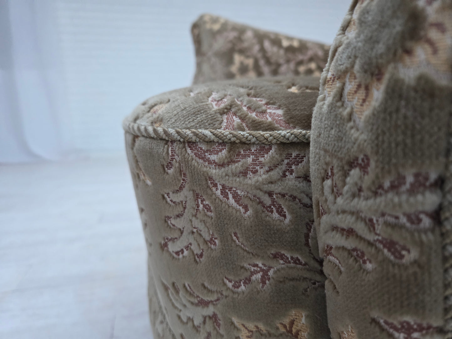 1960s, Danish armchair, light green furniture velour, teak wood legs.