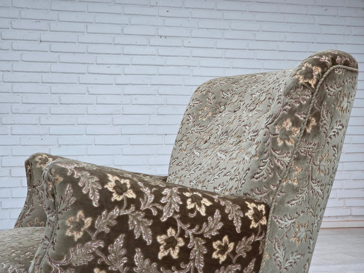 1960s, Danish armchair, light green furniture velour, teak wood legs.