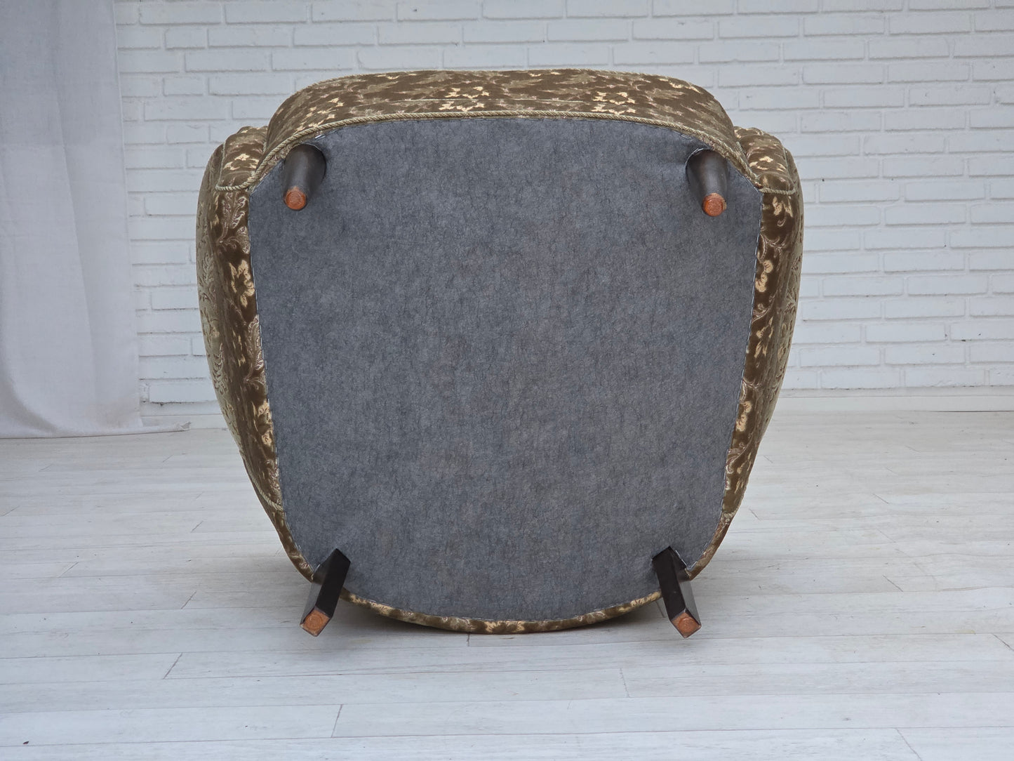 1960s, Danish armchair, light green furniture velour, teak wood legs.