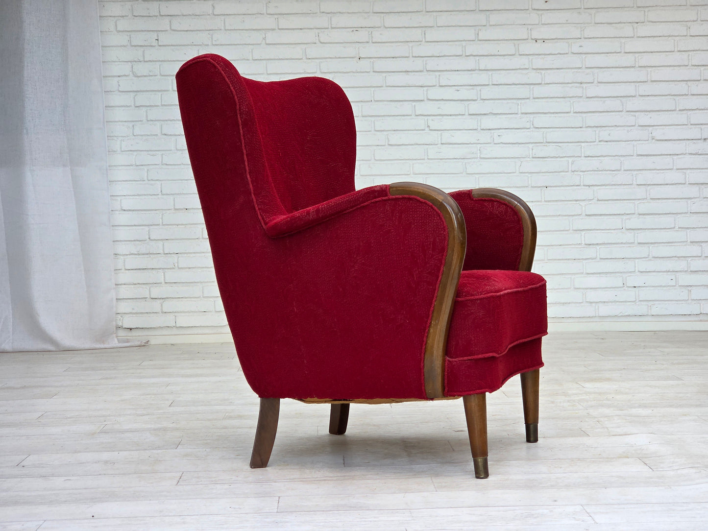 1960s, Danish armchair, original condition, wool fabric, beech wood legs.