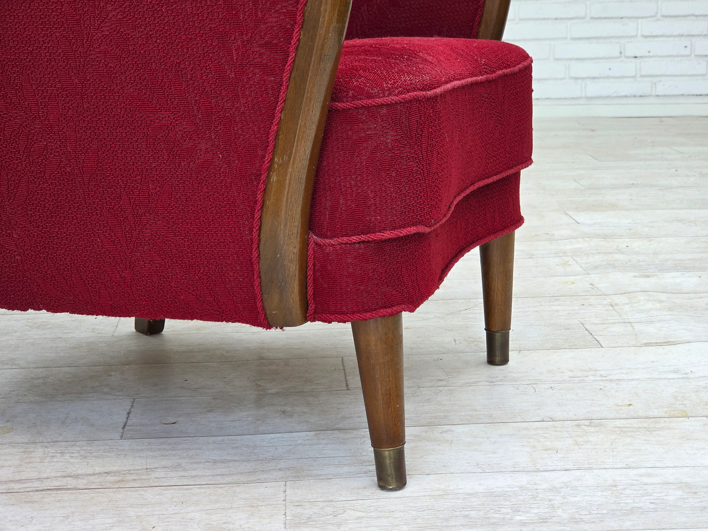 1960s, Danish armchair, original condition, wool fabric, beech wood legs.