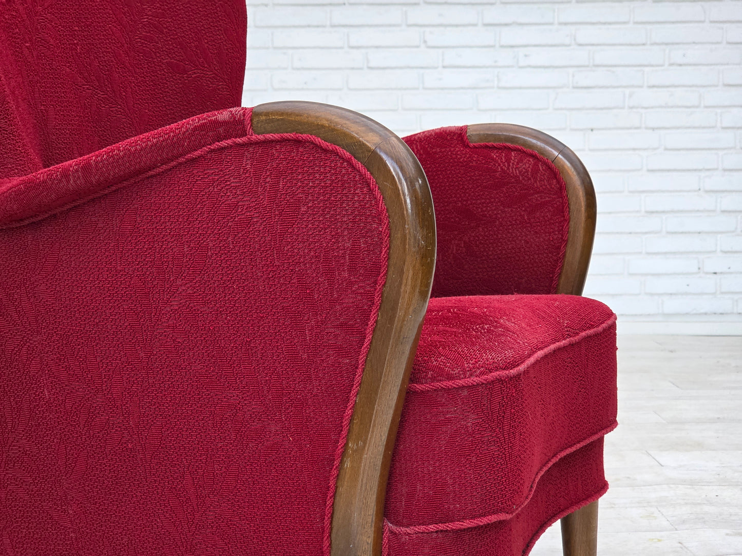 1960s, Danish armchair, original condition, wool fabric, beech wood legs.