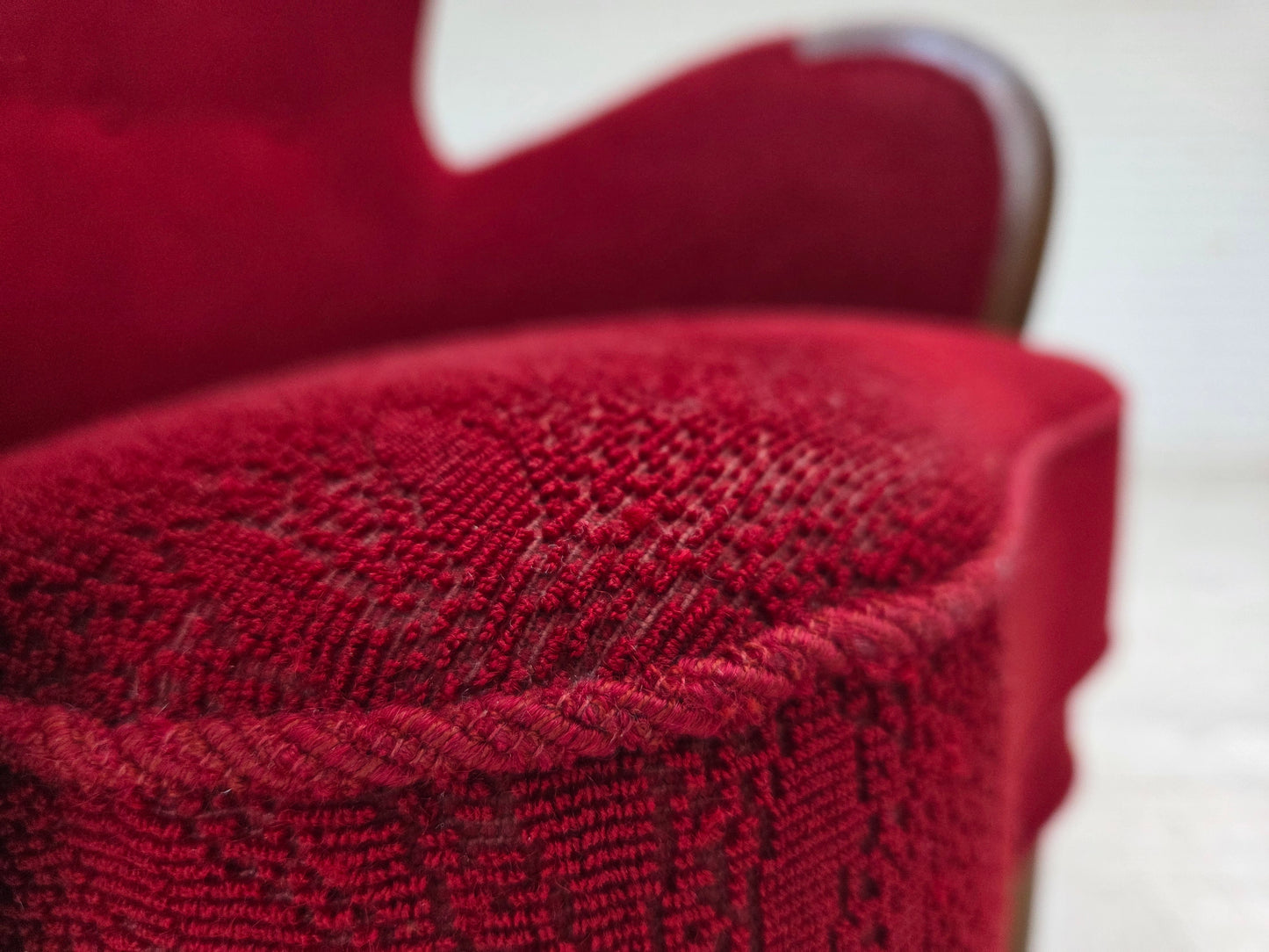 1960s, Danish armchair, original condition, wool fabric, beech wood legs.