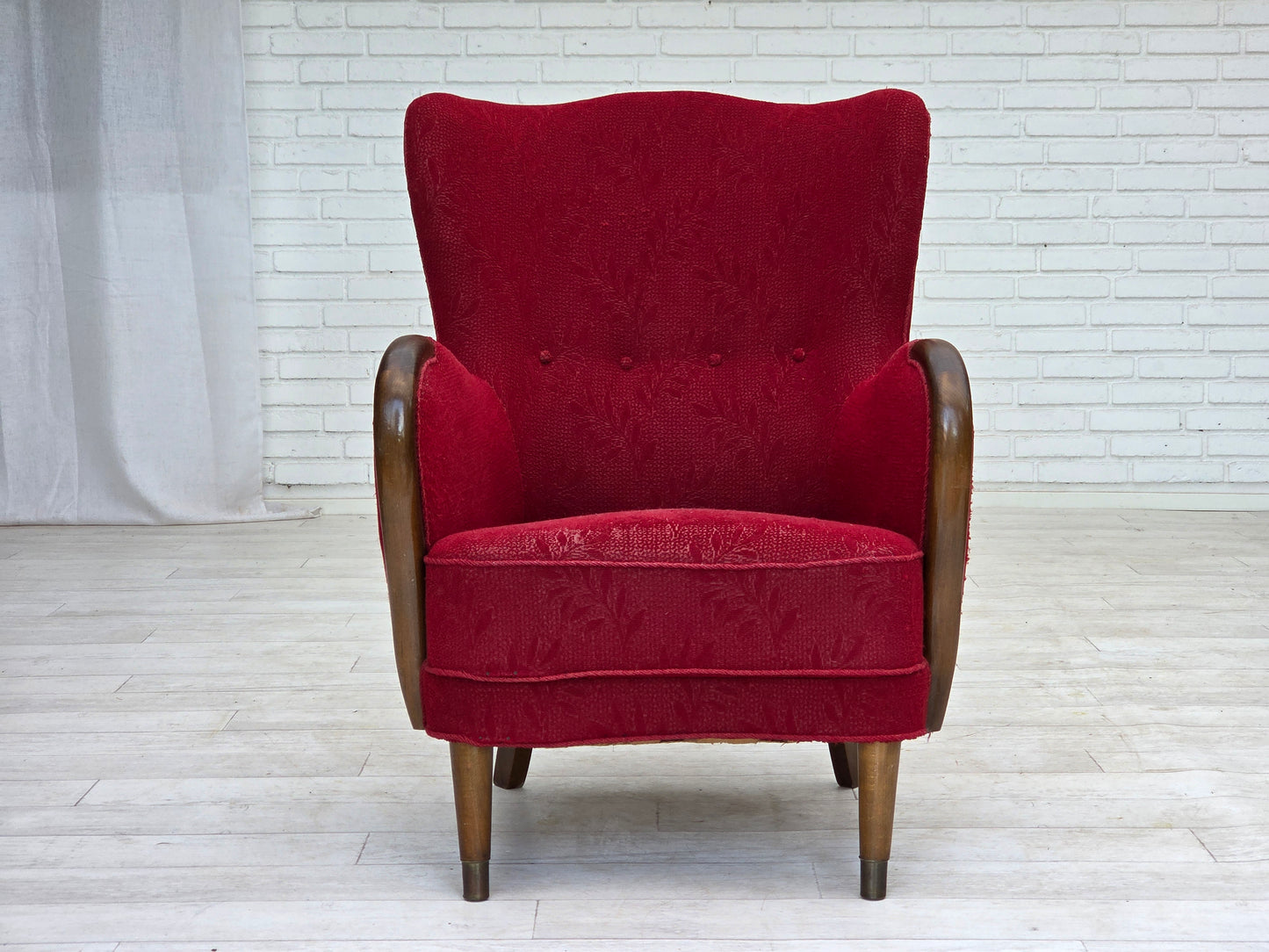 1960s, Danish armchair, original condition, wool fabric, beech wood legs.