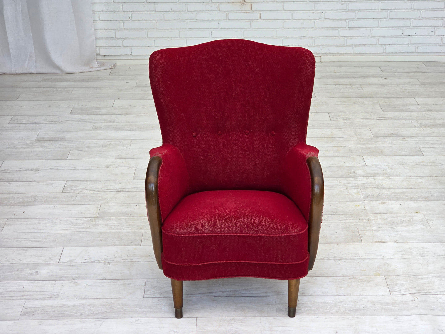 1960s, Danish armchair, original condition, wool fabric, beech wood legs.