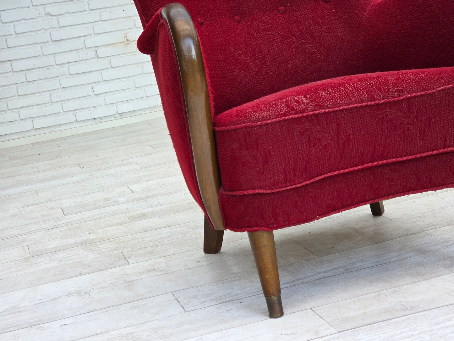 1960s, Danish armchair, original condition, wool fabric, beech wood legs.