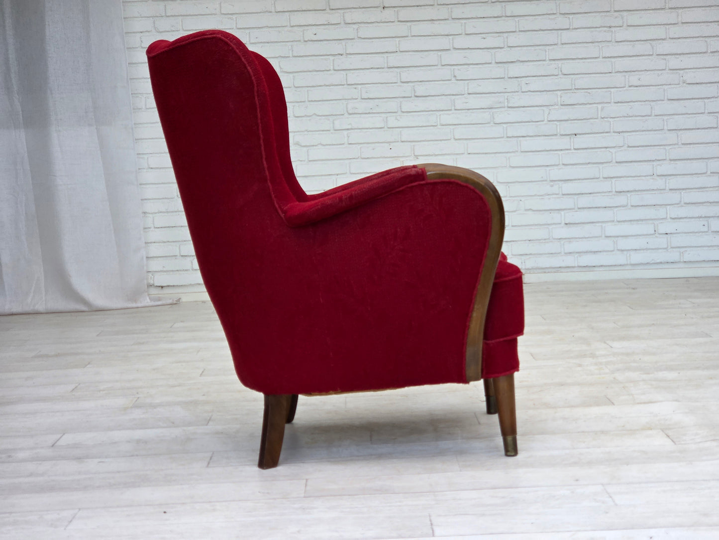 1960s, Danish armchair, original condition, wool fabric, beech wood legs.