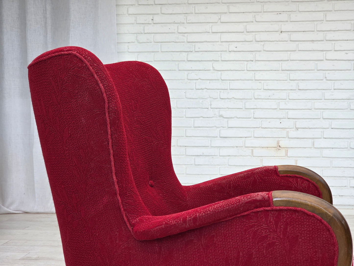 1960s, Danish armchair, original condition, wool fabric, beech wood legs.