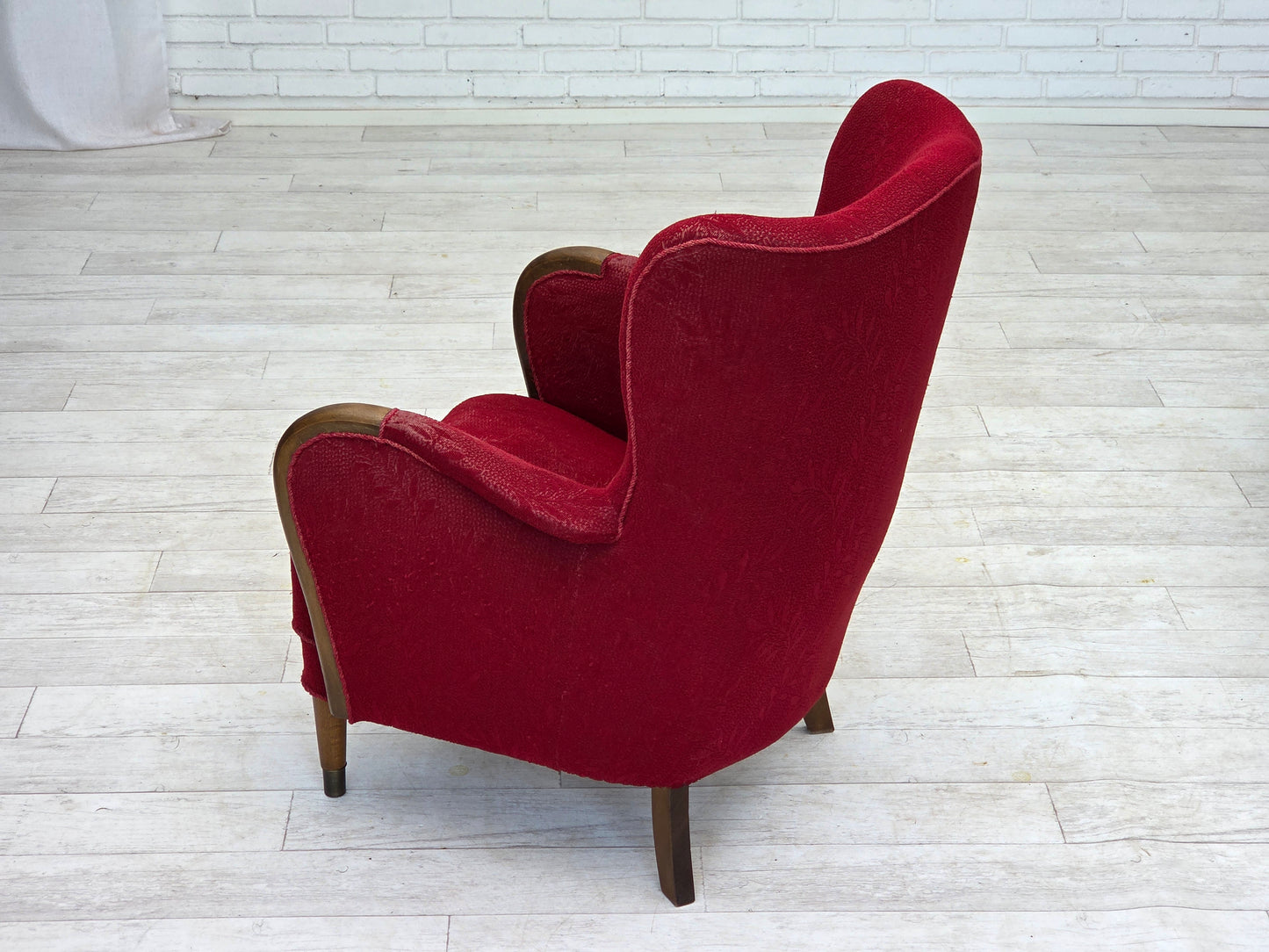 1960s, Danish armchair, original condition, wool fabric, beech wood legs.