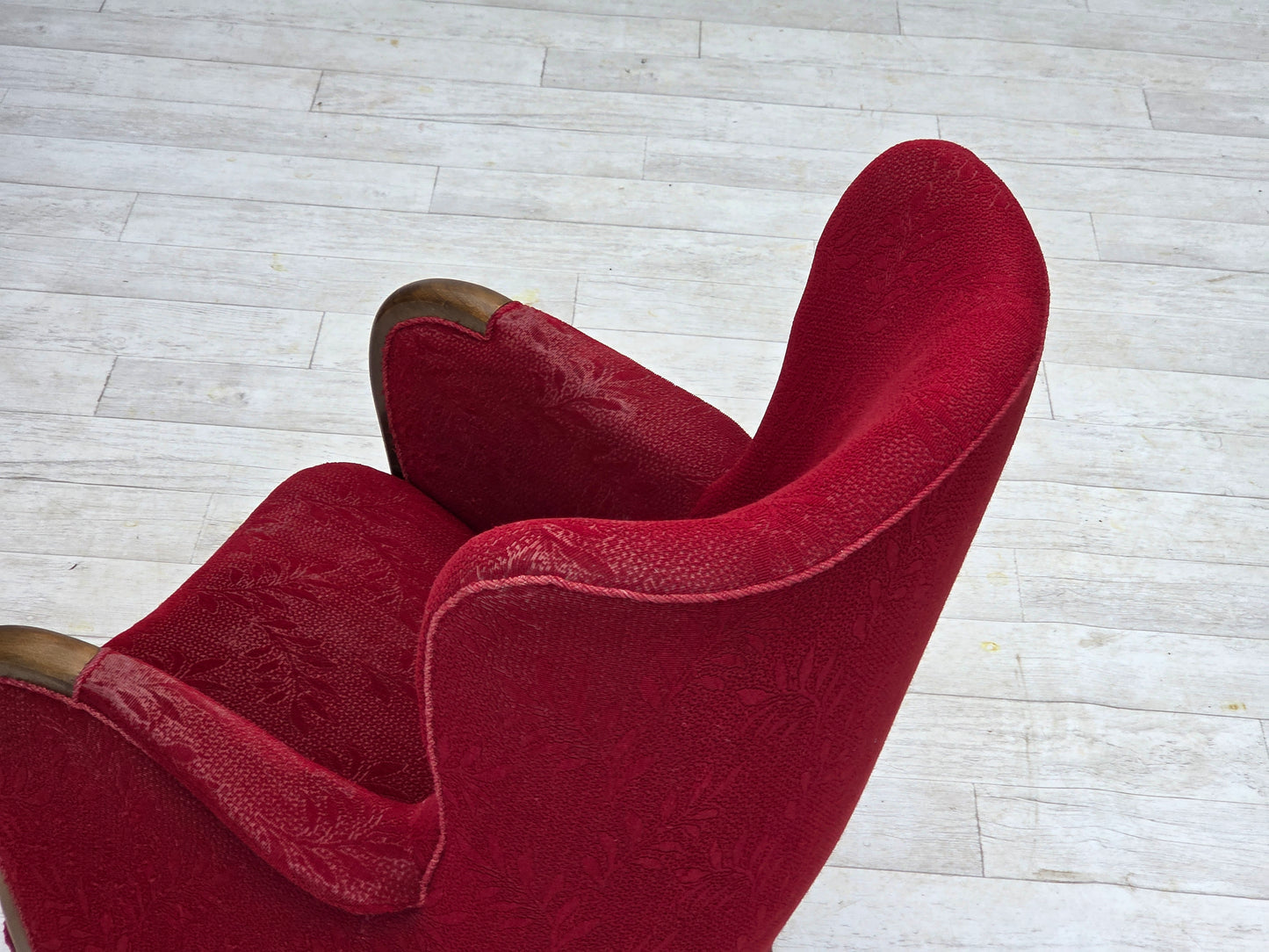 1960s, Danish armchair, original condition, wool fabric, beech wood legs.