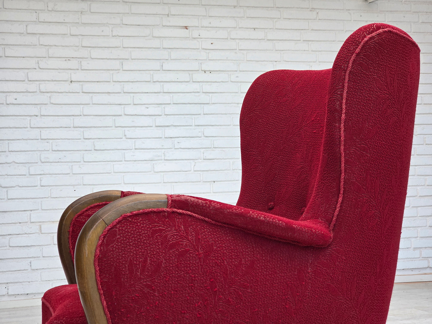 1960s, Danish armchair, original condition, wool fabric, beech wood legs.
