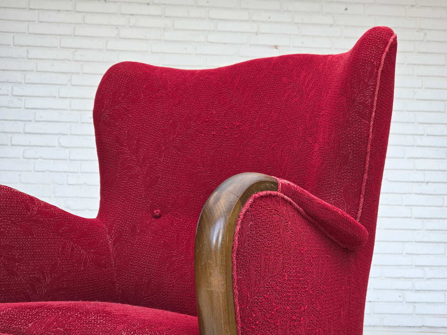 1960s, Danish armchair, original condition, wool fabric, beech wood legs.