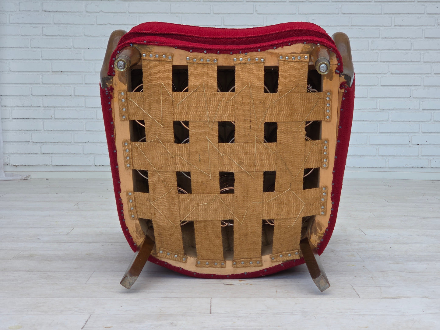 1960s, Danish armchair, original condition, wool fabric, beech wood legs.
