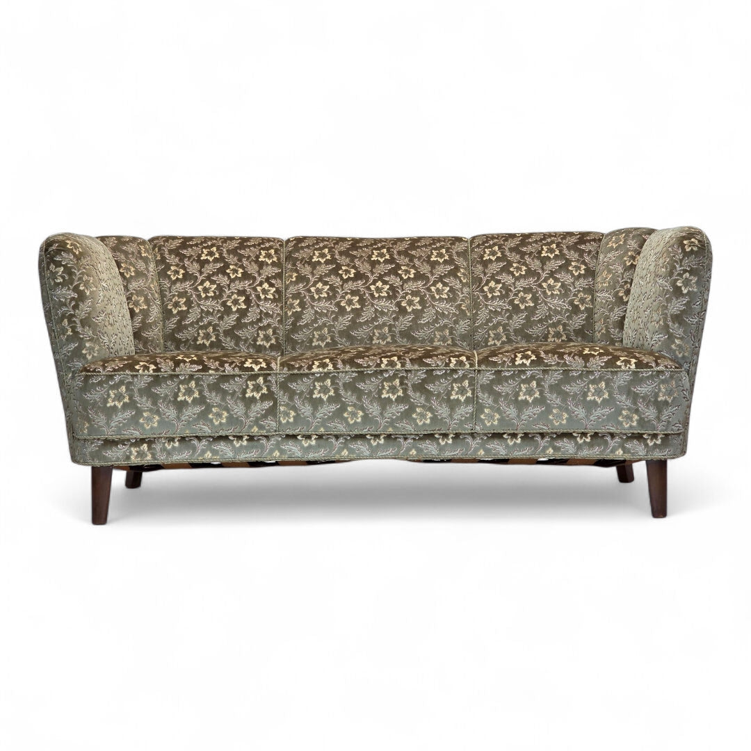1960s, Danish 3-seater curved sofa, green furniture velour, beech wood legs.