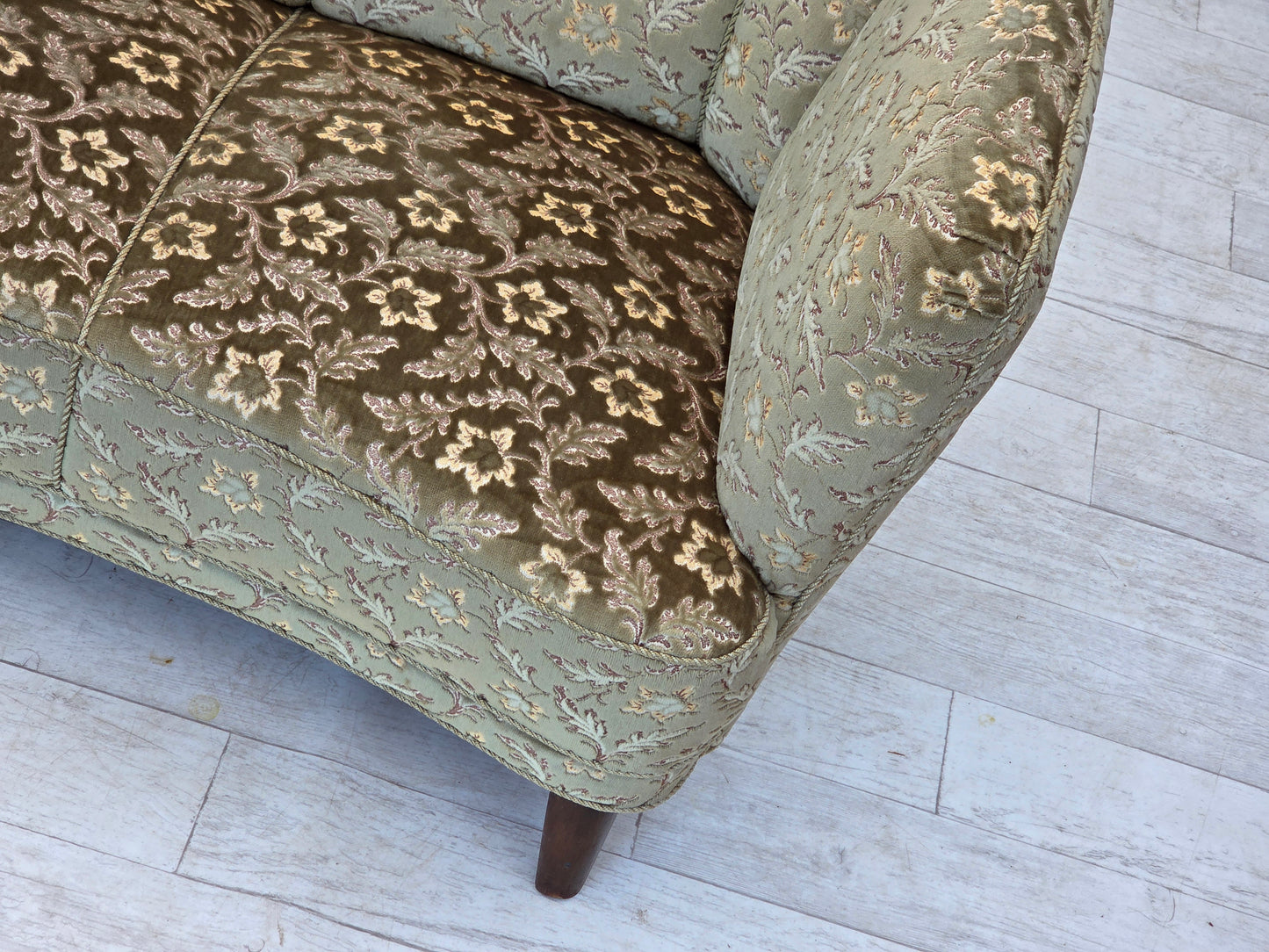 1960s, Danish 3-seater curved sofa, green furniture velour, beech wood legs.