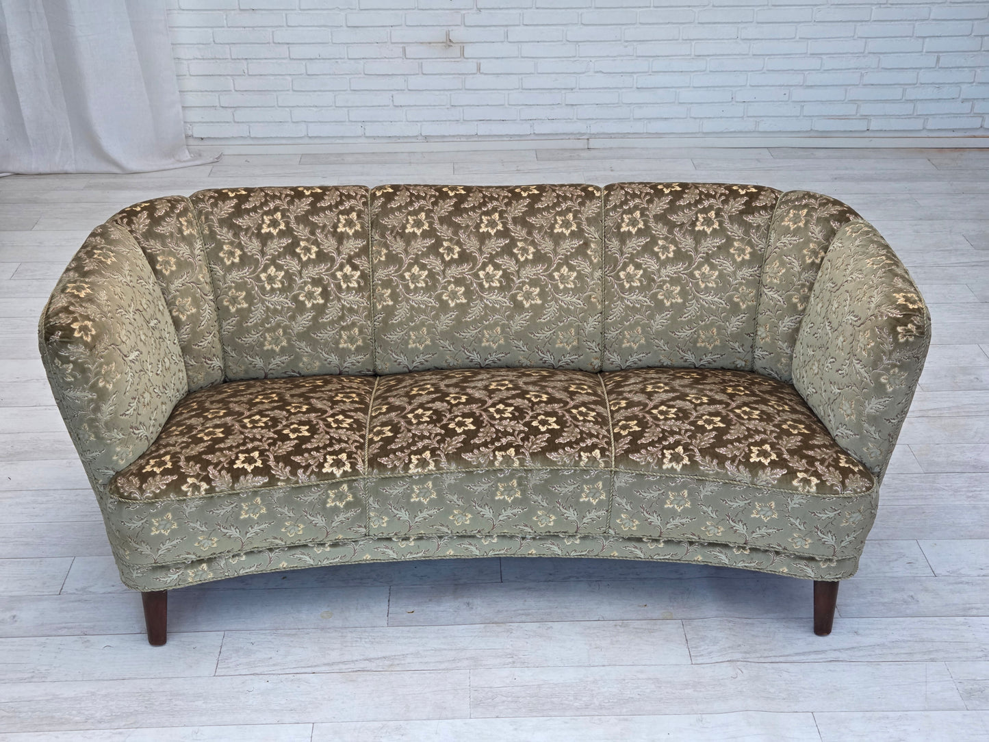 1960s, Danish 3-seater curved sofa, green furniture velour, beech wood legs.