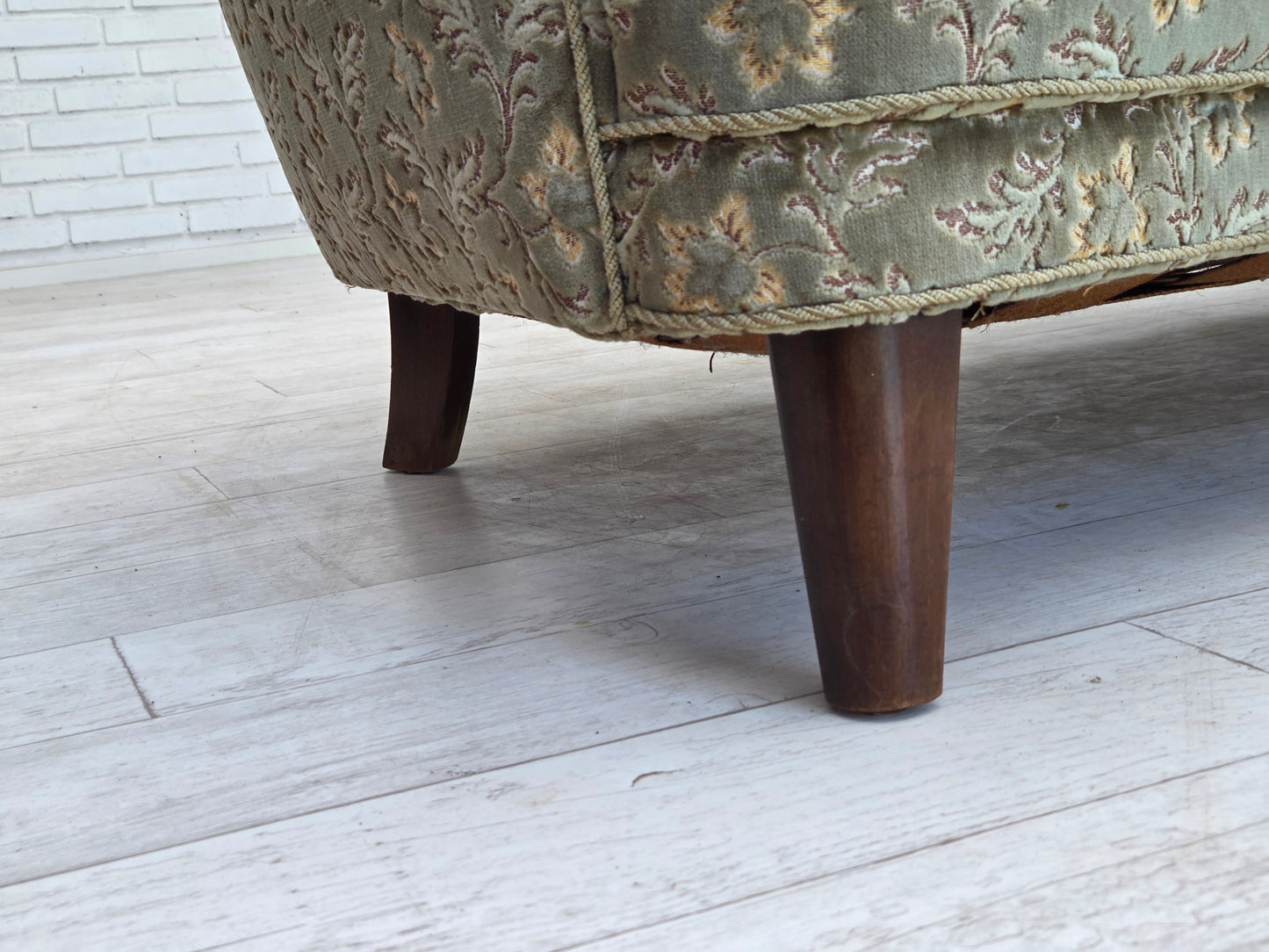 1960s, Danish 3-seater curved sofa, green furniture velour, beech wood legs.