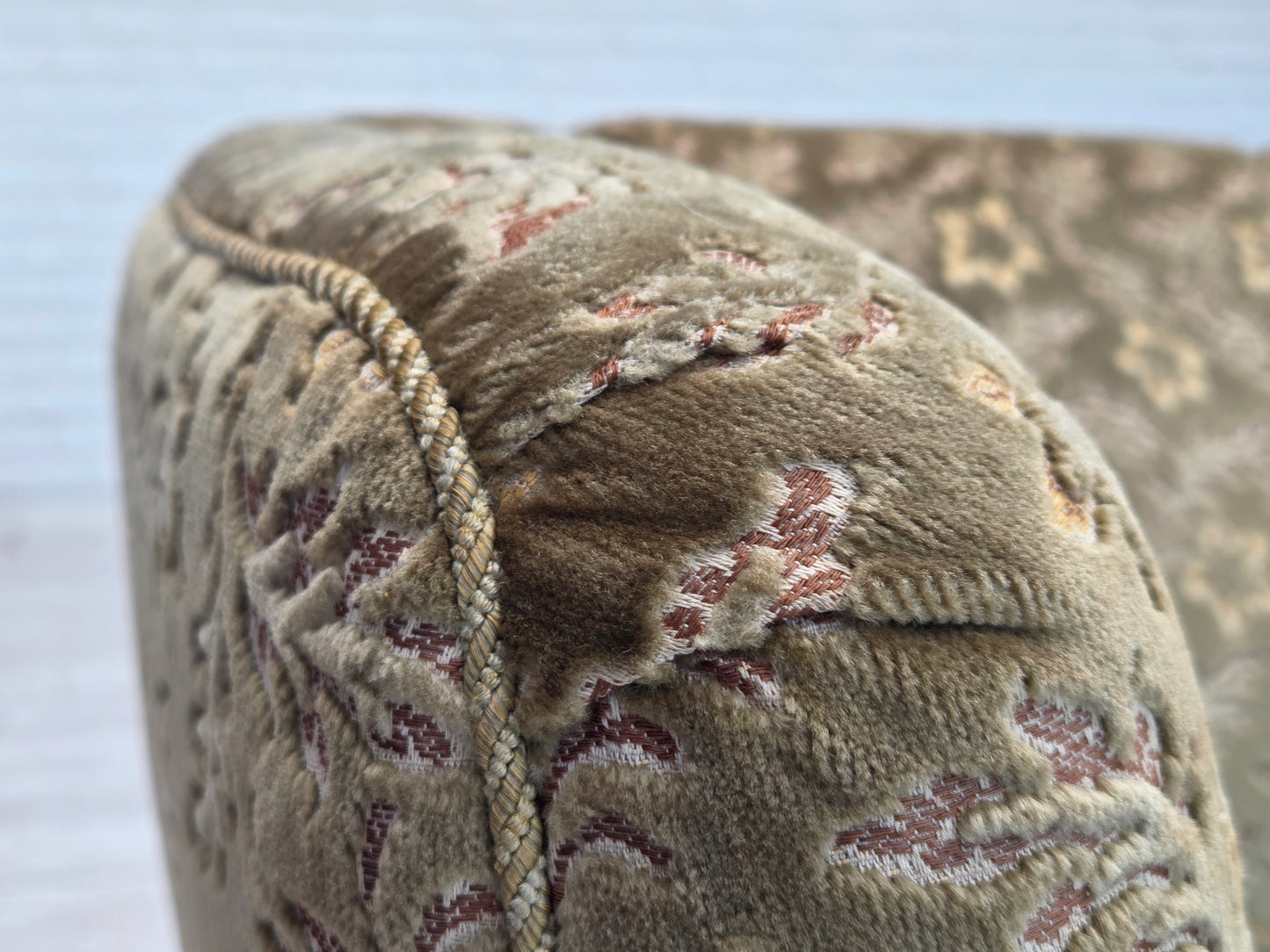 1960s, Danish 3-seater curved sofa, green furniture velour, beech wood legs.