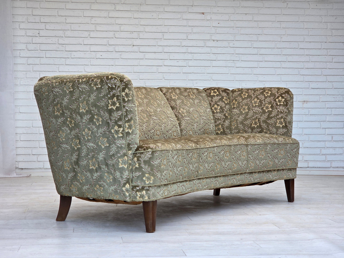 1960s, Danish 3-seater curved sofa, green furniture velour, beech wood legs.