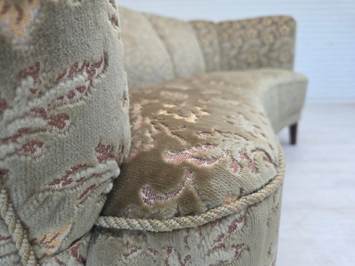 1960s, Danish 3-seater curved sofa, green furniture velour, beech wood legs.