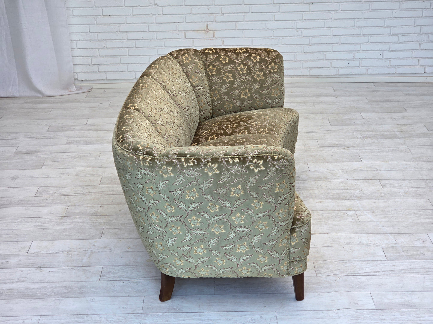 1960s, Danish 3-seater curved sofa, green furniture velour, beech wood legs.