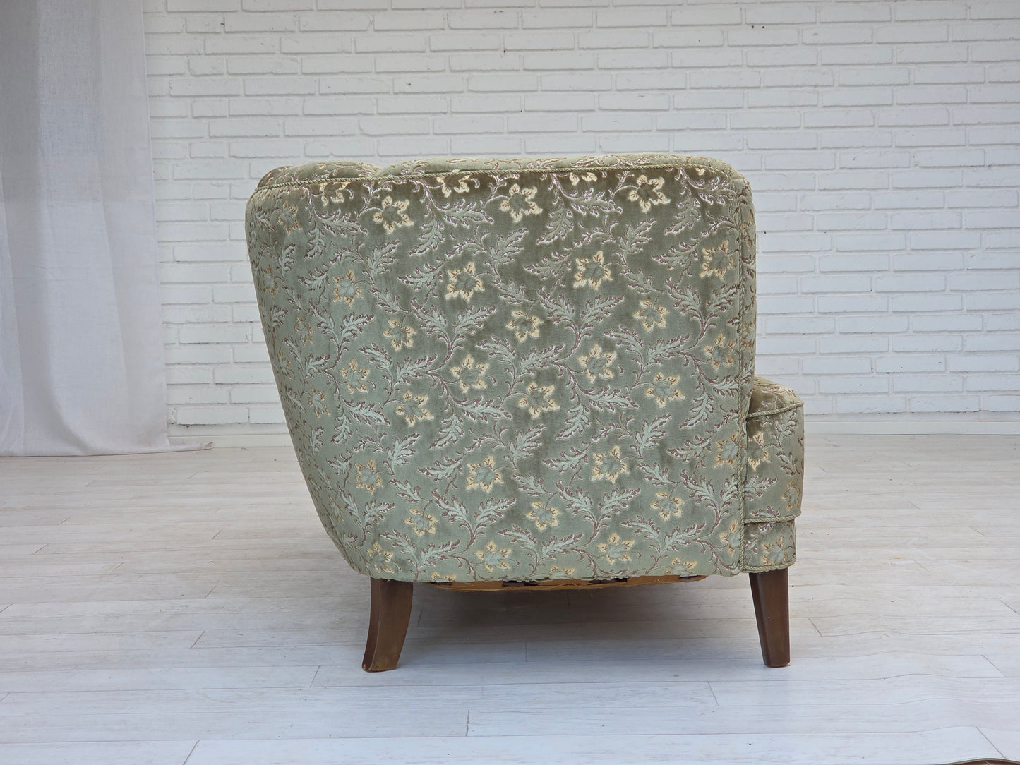 1960s, Danish 3-seater curved sofa, green furniture velour, beech wood legs.