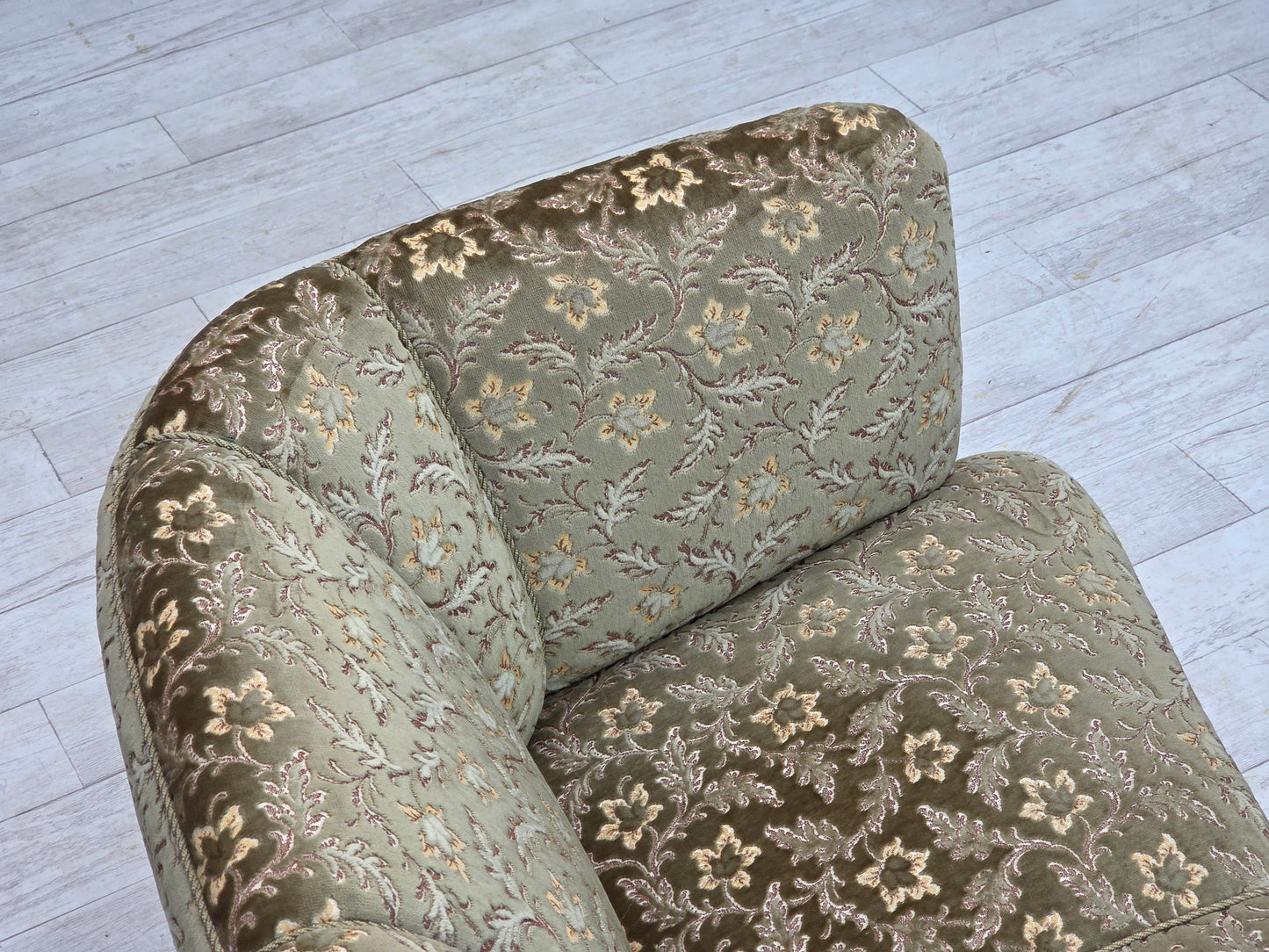 1960s, Danish 3-seater curved sofa, green furniture velour, beech wood legs.