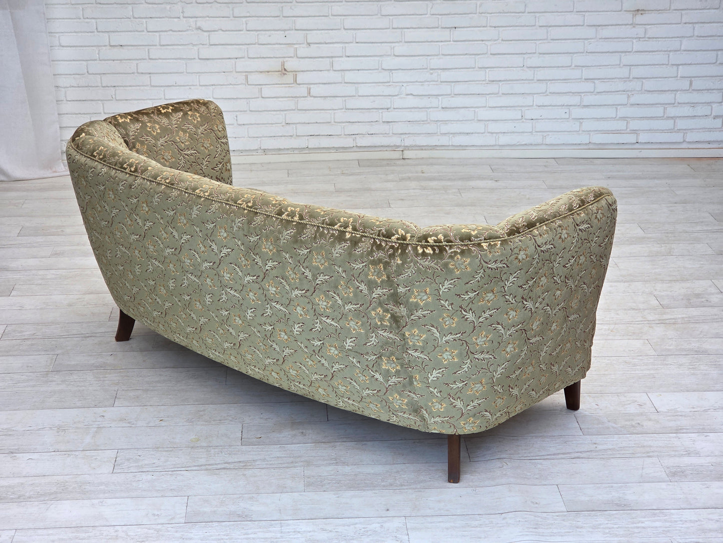 1960s, Danish 3-seater curved sofa, green furniture velour, beech wood legs.