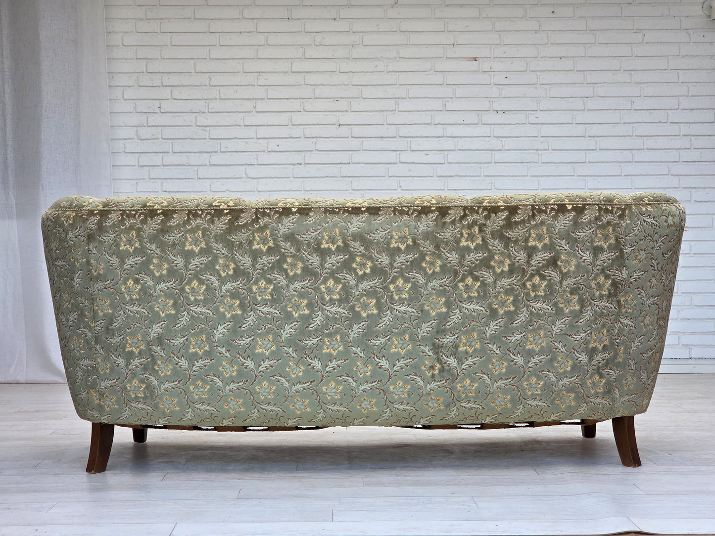 1960s, Danish 3-seater curved sofa, green furniture velour, beech wood legs.