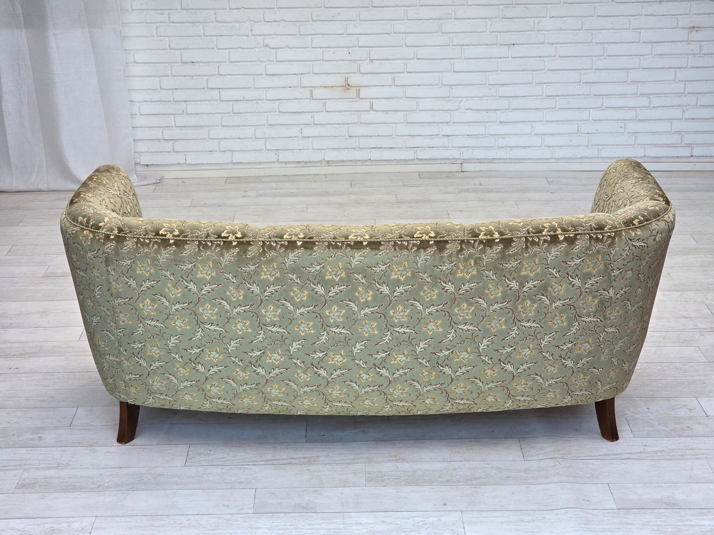 1960s, Danish 3-seater curved sofa, green furniture velour, beech wood legs.