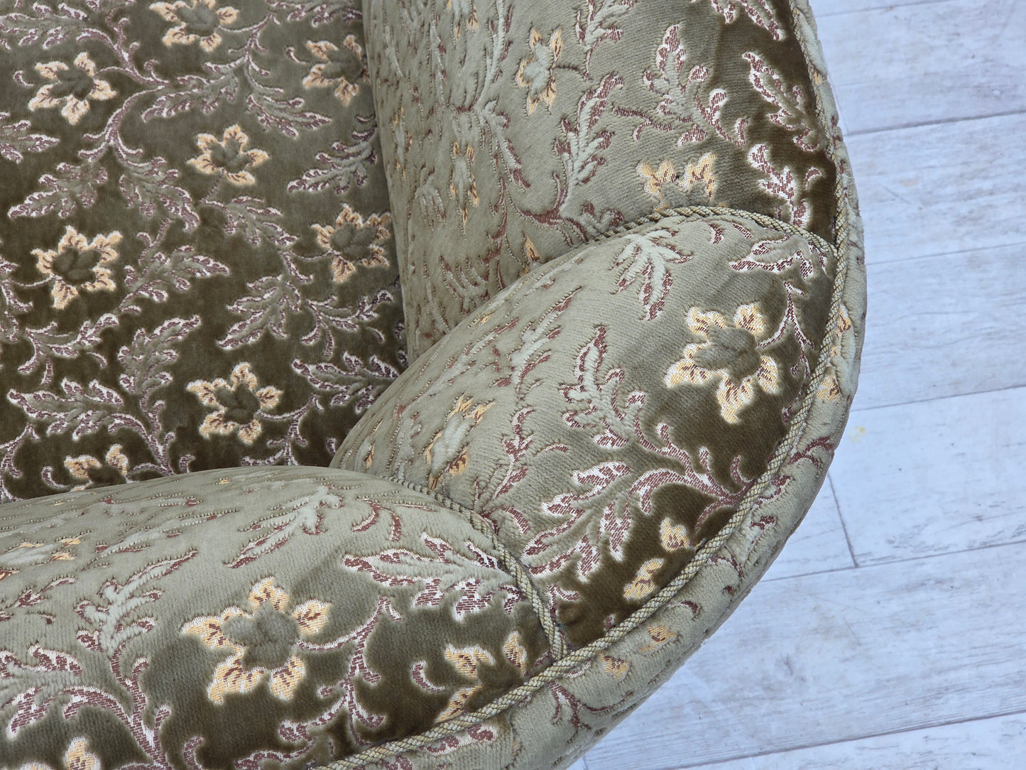 1960s, Danish 3-seater curved sofa, green furniture velour, beech wood legs.